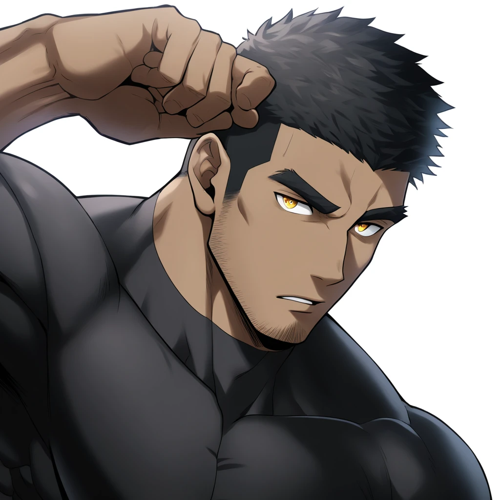 one negro, anime characters:Gyee, Hibino Kafka, Muscle Sports Student, negro black skin, Very Black, 1 muscular tough guy, Manliness, male focus, Dark grey turtleneck tight T-shirt, Regular symmetrical pattern, Very tight, The pectoral muscles are oversized, muscular male, muscular, only, Upper body, alone, Black short hair, Thick eyebrows, stubble, Yellow eyes, White background, simple background, amazing quality, best aesthetics, Ridiculous, bright pupils, crew cut, parted lips, seductive smile, torogao, naughty face, best quality
