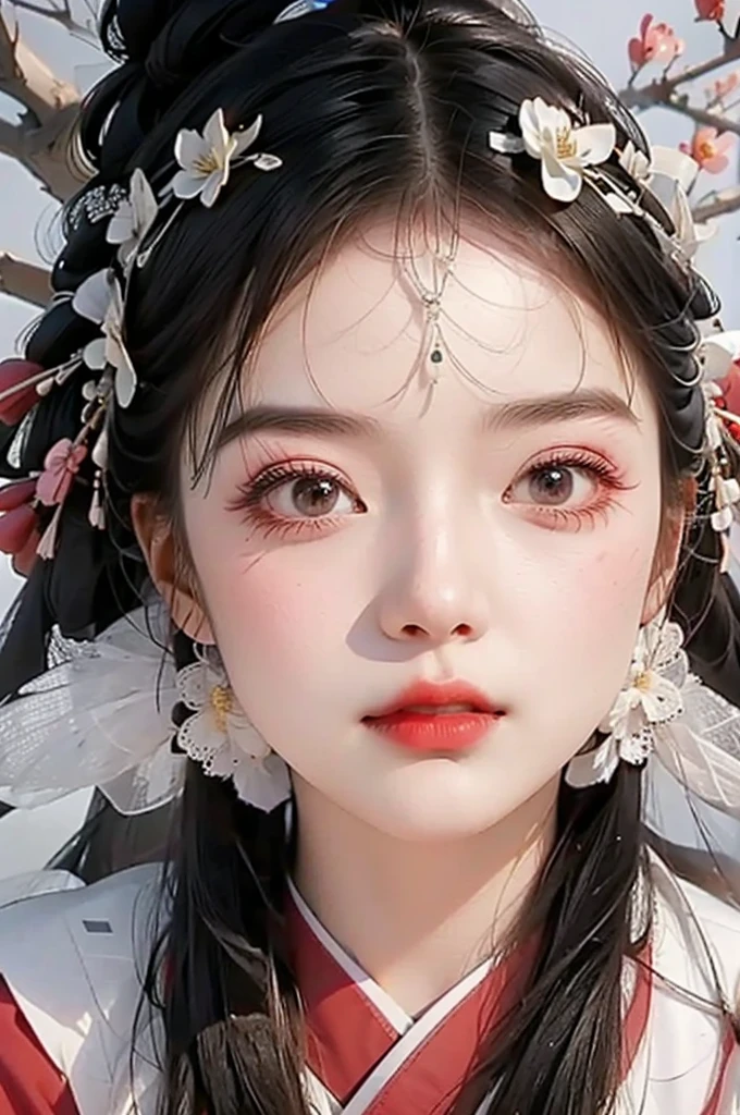 girl,Surrounded by plum blossoms,Heavy snow in winter,Clear face,Look at the lens,Chinese style,Traditional Culture
