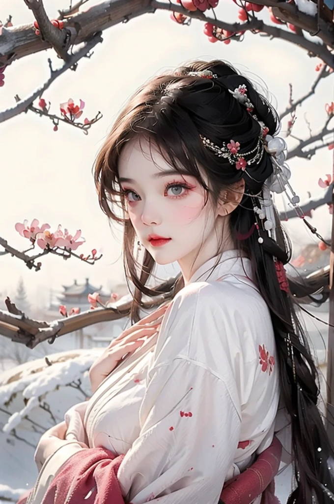 girl,Surrounded by plum blossoms,Heavy snow in winter,Clear face,Look at the lens,Chinese style,Traditional Culture