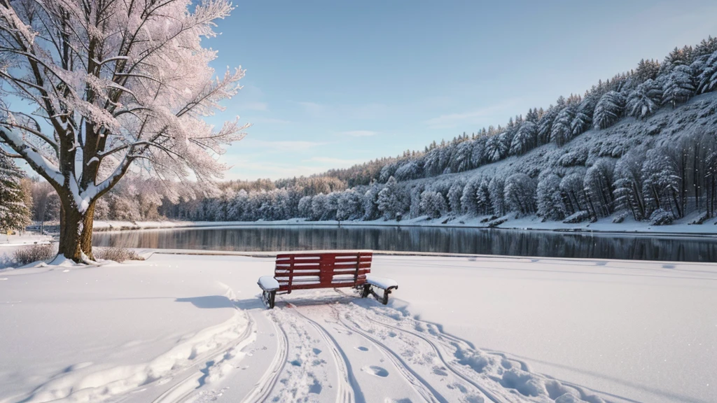 snowy scene of a bench and a tree by a lake, beautiful winter area, winter setting, beautiful wallpaper, warm beautiful scene, beautiful snowy landscape, cold but beautiful, beatiful backgrounds, hd wallpaper, winter atmosphere, very beautiful photo, snowy winter, desktop background, dreamy scene, pink tree beside a large lake, winter snow, high quality desktop wallpaper, wallpaper background
