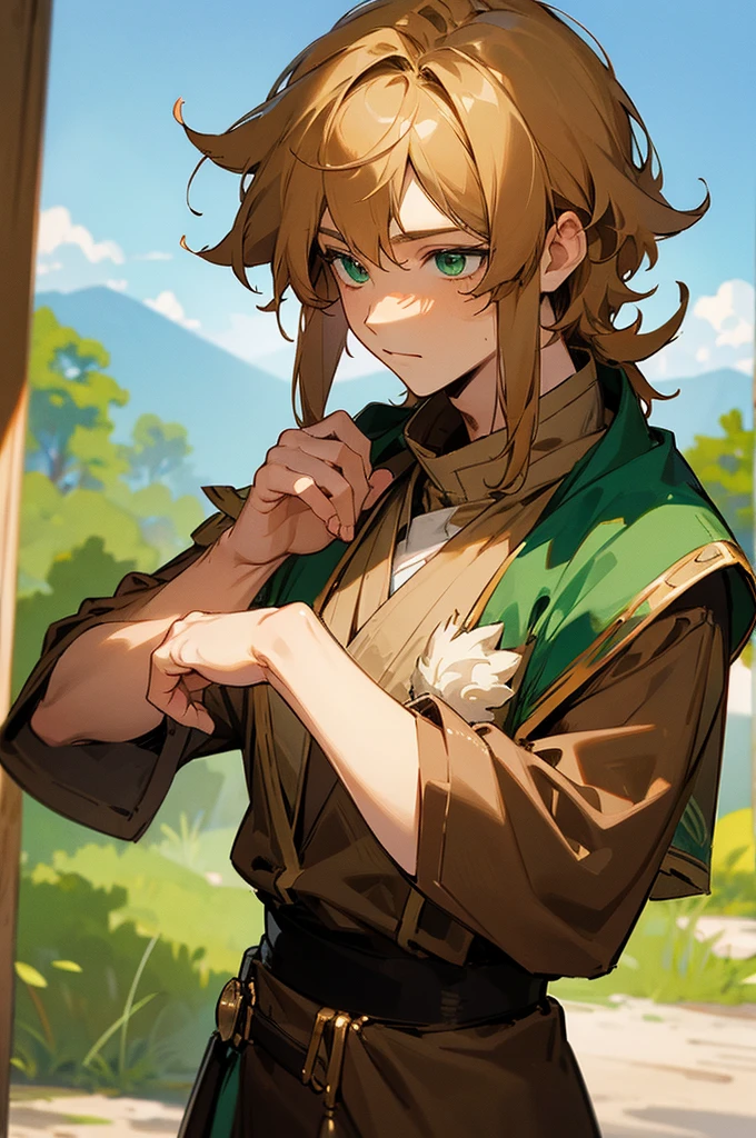 ((best quality)), ((masterpiece)), (detailed), fantasy prince, short shaggy blond hair, green eyes, brown clothes, sun