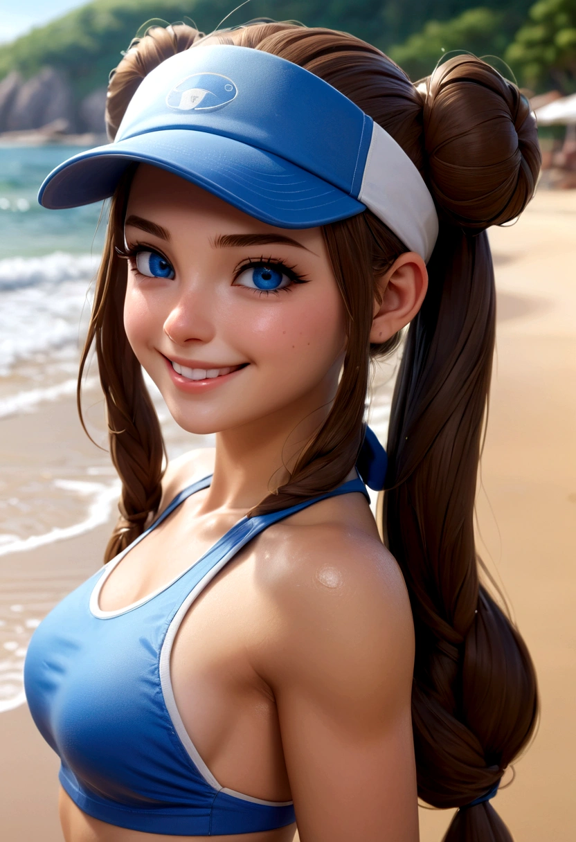 twintails, smile, perfect eyes:1.2, wet, skindentation, wet skin, sweat, glossy skin, detailed eyes:1.4, ro1, beach, long hair:1.2, hair bun, visor cap, bikini, blue eyes, cowboy shot, 1girl, solo, (masterpiece:1.6, best quality), 8k, insane details, intricate details, hyperdetailed, hyper quality, high detail, ultra detailed, professional, HDR, ray tracing reflection, cinematic lighting
