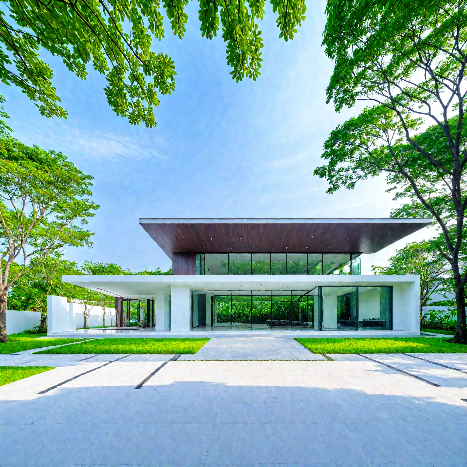 A modern minimalist style single-story villa with a flat roof, white walls and glass windows in Vietnam is surrounded by green lawns, ((road)), ((sidewalk)), ((sidewalk trees)), The overall architectural design features clean lines and simplicity, creating an elegant atmosphere. Use professional photography techniques to capture details and highlight the unique architecture of contemporary luxury houses in the style of minimalism