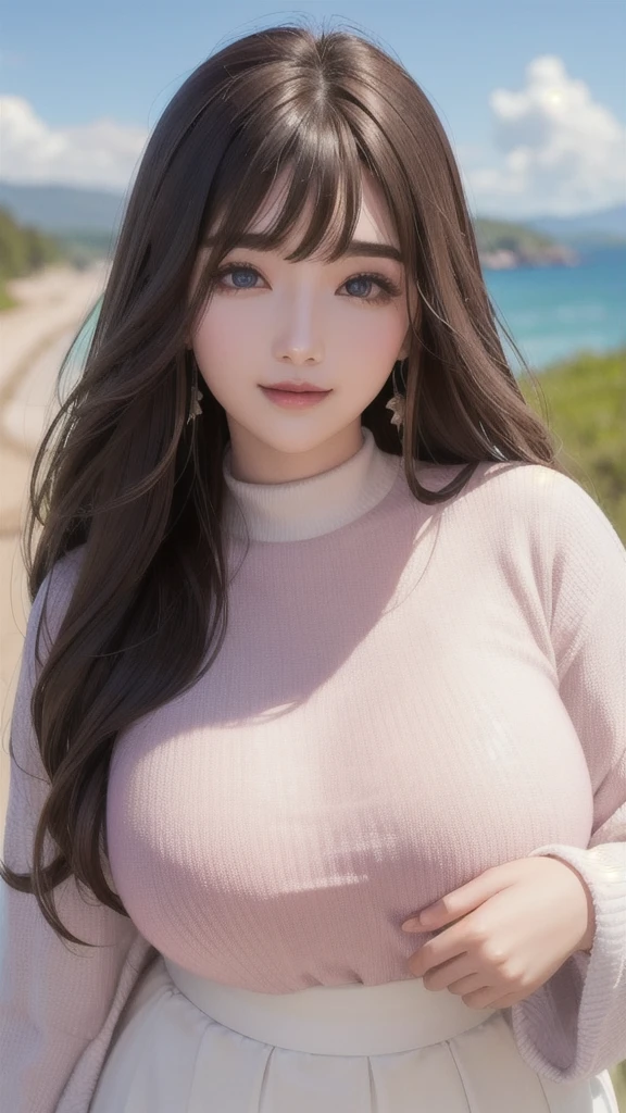 Beauty, Mystical Eyes、Big 、Super sexy、Pale skin、Shiny Hair、Brown Hair、Super long hair、Bangs fall on the forehead、Are fat、fat、smile、Heavy makeup、Pink lipstick、Thick lipoisturized lips、Plump、Fleshy、Russian、White sweater、spring、Blue sky、White cloud、Landscape、looking at the camera
