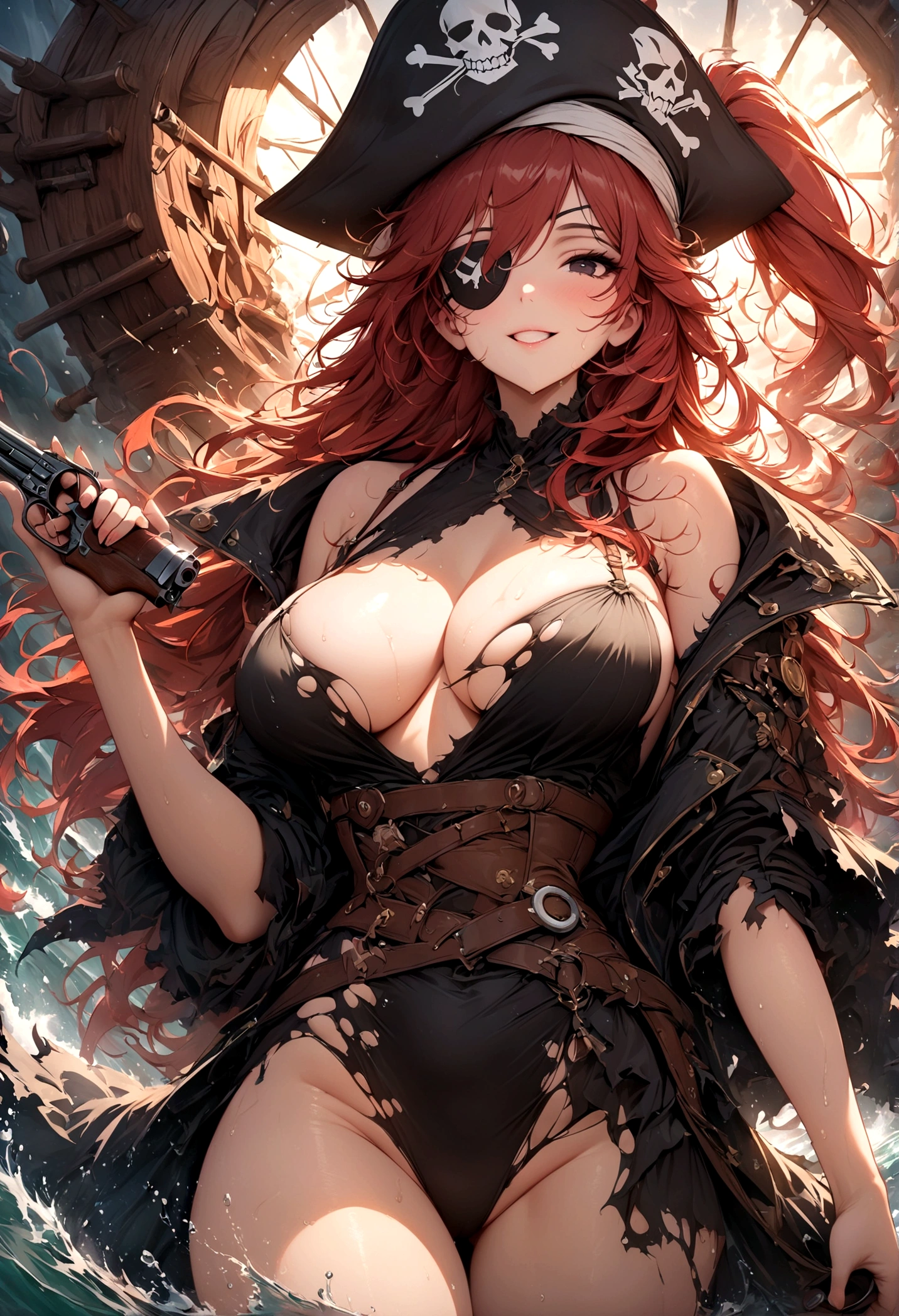 ((Masterpiece, top quality, high resolution)), ((highly detailed CG unified 8K wallpaper)), (huge stunning goddess shot, very hot and sexy, jaw-dropping beauty, perfect proportions, beautiful body, slim body beauty:1.1), Female pirate with torn coat and harness wrapped around her, pirate hat with skulls painted on it, wavy red hair blowing in the wind, black eye patch, gripping the tiller wheel, smiling wryly, shaggy red hair, splashing water, cleavage, pistol in one hand, flintlock, in a stormy sea, leaning hull, heavy rain and wind, silhouette emerging from the backlight, seen from below,