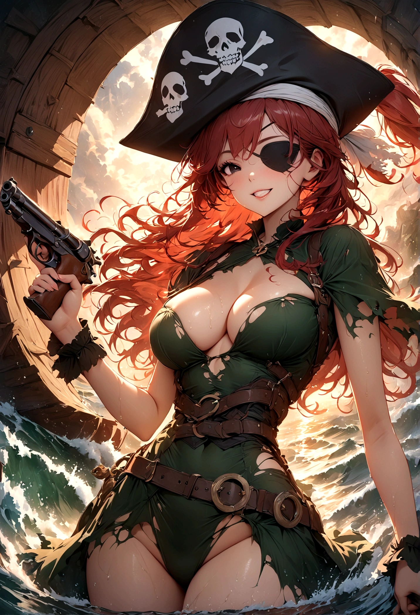 ((Masterpiece, top quality, high resolution)), ((highly detailed CG unified 8K wallpaper)), (huge stunning goddess shot, very hot and sexy, jaw-dropping beauty, perfect proportions, beautiful body, slim body beauty:1.1), Female pirate with torn coat and harness wrapped around her, pirate hat with skulls painted on it, wavy red hair blowing in the wind, black eye patch, gripping the tiller wheel, smiling wryly, shaggy red hair, splashing water, cleavage, pistol in one hand, flintlock, in a stormy sea, leaning hull, heavy rain and wind, silhouette emerging from the backlight, seen from below,