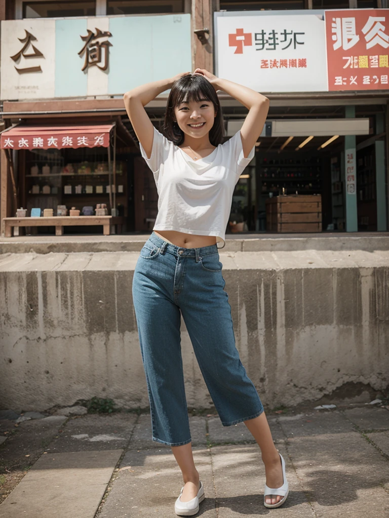 Full body Asian girl in a pose of joy 