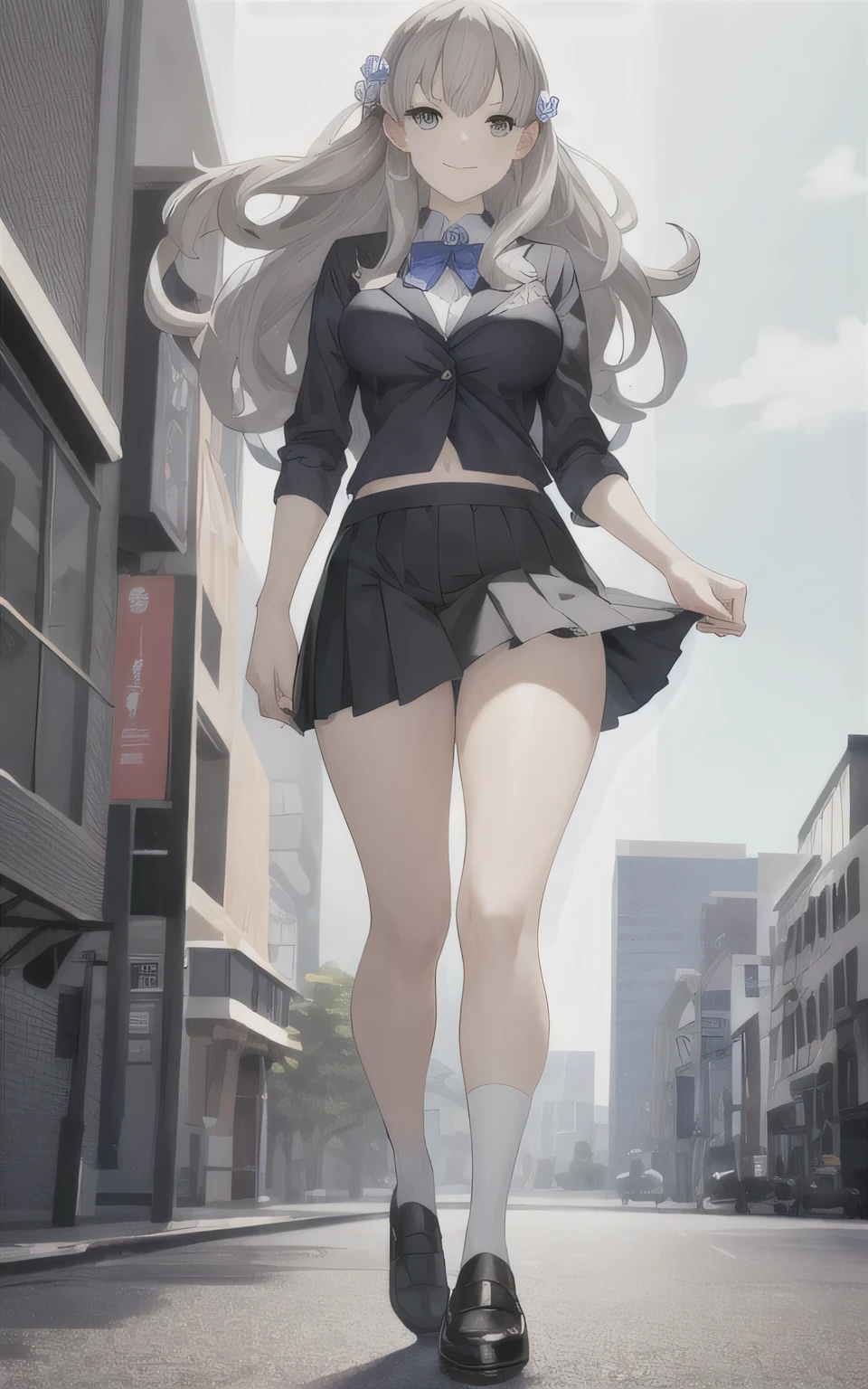 masterpiece, best quality,fuyusaka iori 1, 1girl, solo, hair flower, white shirt, short skirt, pleated skirt, black skirt, shoes, hair ornament, flower, long hair, completely nude, full body, socks, grey hair, white flower, standing, grey eyes, outline, looking at viewer, highly detailed city background, middle breast, smile, shameful face, slander, straight on, thigh barcode, perfect finger