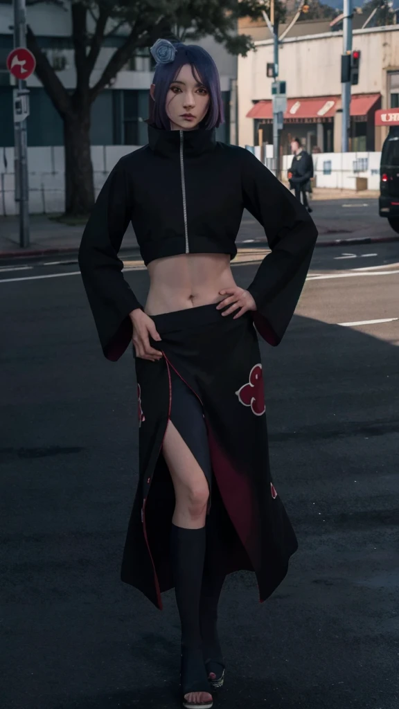 1girl,solo,konan \(naruto\),(upper body:1.2),(akatsuki outfit),narrow waist,looking at viewer,masterpiece,best quality,absurdres,highly detailed,photo realistic,best shadow,dramatic lighting,depth of field,outdoors, hands on hip, crop top, black skirt, full body, standing, ilde