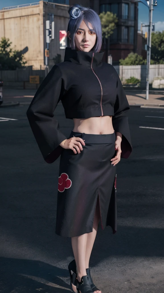 1girl,solo,konan \(naruto\),(upper body:1.2),(akatsuki outfit),narrow waist,looking at viewer,masterpiece,best quality,absurdres,highly detailed,photo realistic,best shadow,dramatic lighting,depth of field,outdoors, hands on hip, crop top, black skirt, full body, standing, ilde