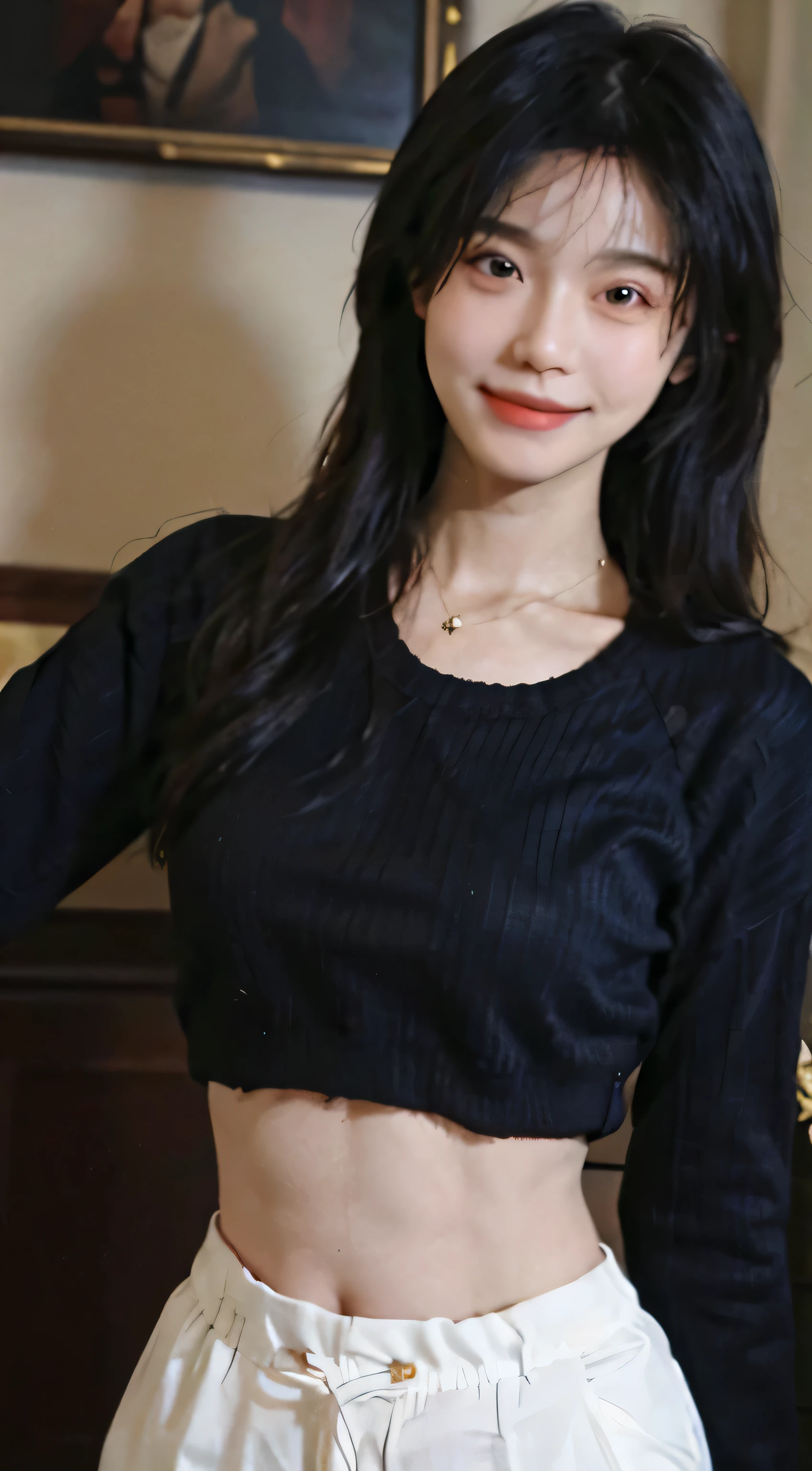 Best quality， Ultra-high resolution， （Realistically：1.4），Cute hairpin，1 Girl，Red long hair,Cropped black sweater ，Beautiful slim woman:1.4, Visible abdominal muscles:1.4, on the island,Ultra-thin face，Exquisite eyes，Double eyelids，Necklace，Smile