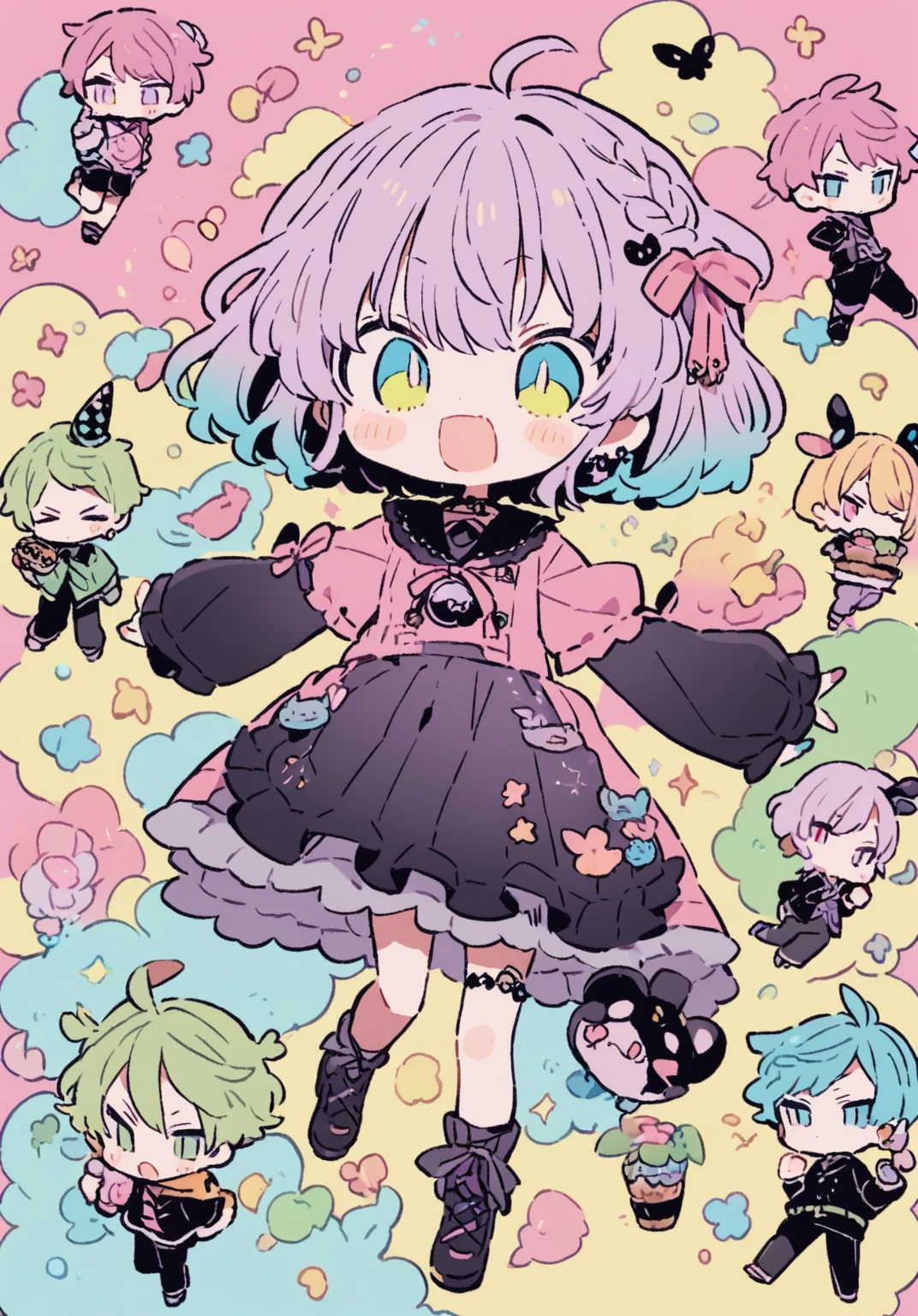 tegaki chibi 5boys pastel colors gradient flat chest Gothic full body teaparty