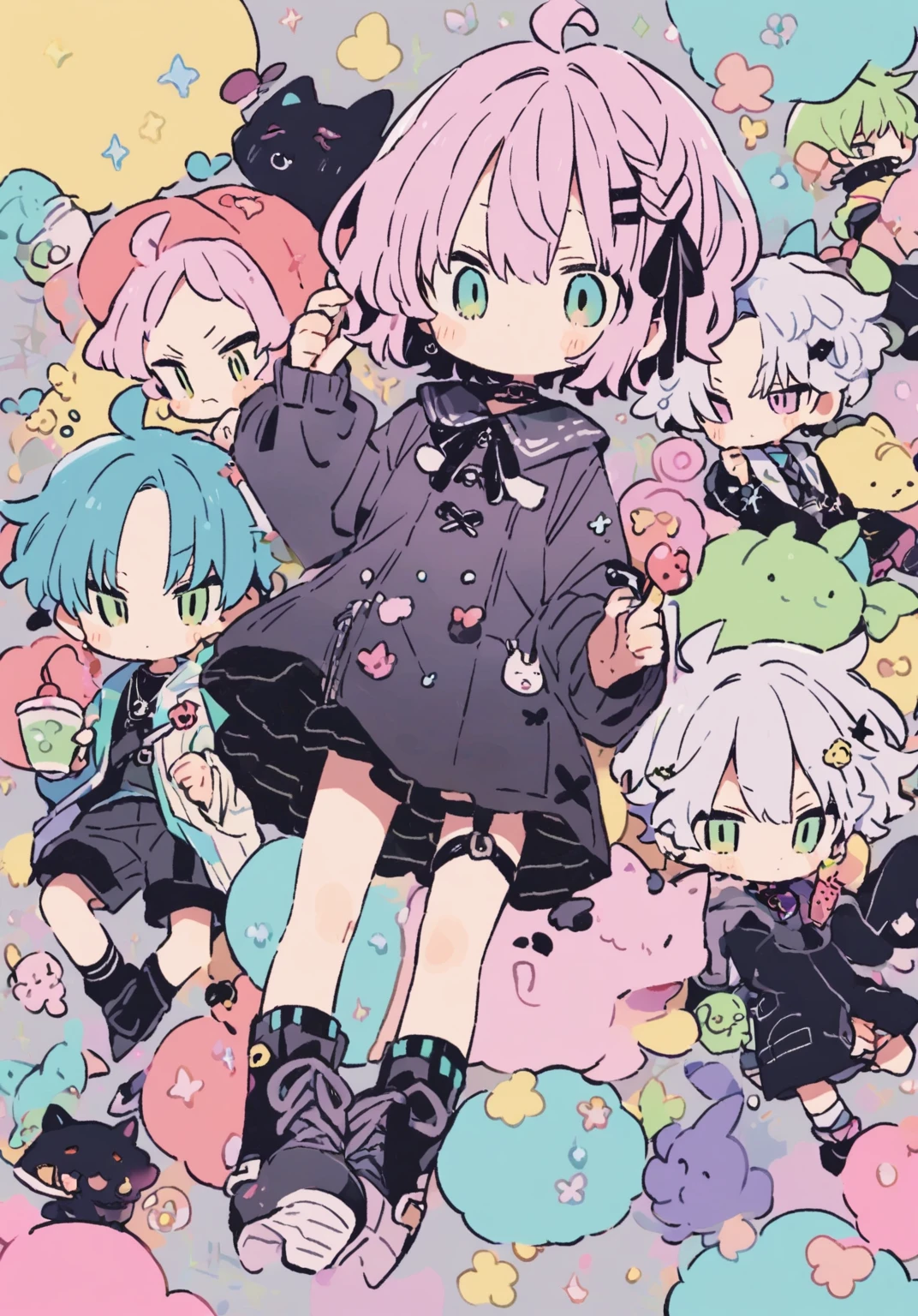 tegaki chibi 5boys pastel colors gradient flat chest Gothic full body teaparty