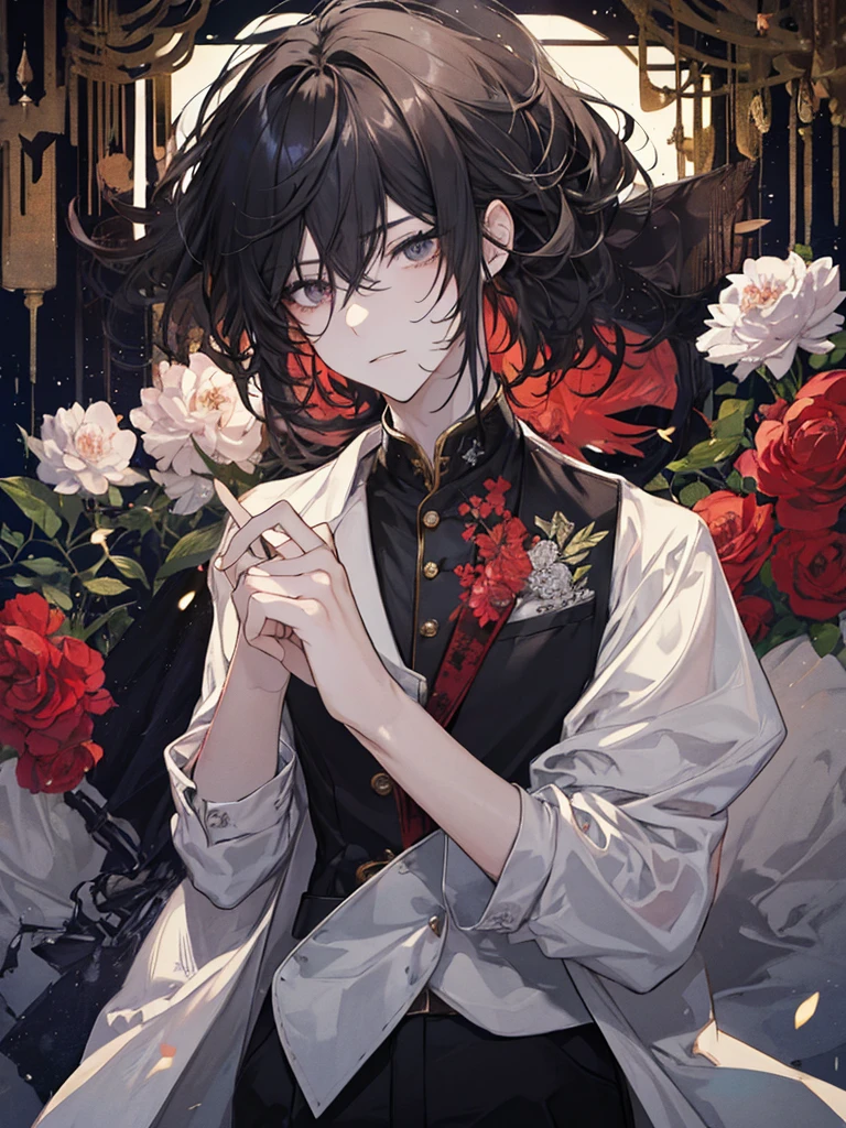 extremely beautiful guy, Black slightly disheveled hair just above the shoulders, A 20-year-old boy with a handsome face, dark-grey eyes with red pupils- crosses, beautiful guy face, accessories, soft smile, beautiful clothes, beautiful guy, accessories, suit, unusual clothes, Slightly unbuttoned shirt, general suit, haircut cascade, anime, hair by shoulders, Shoulder length hair