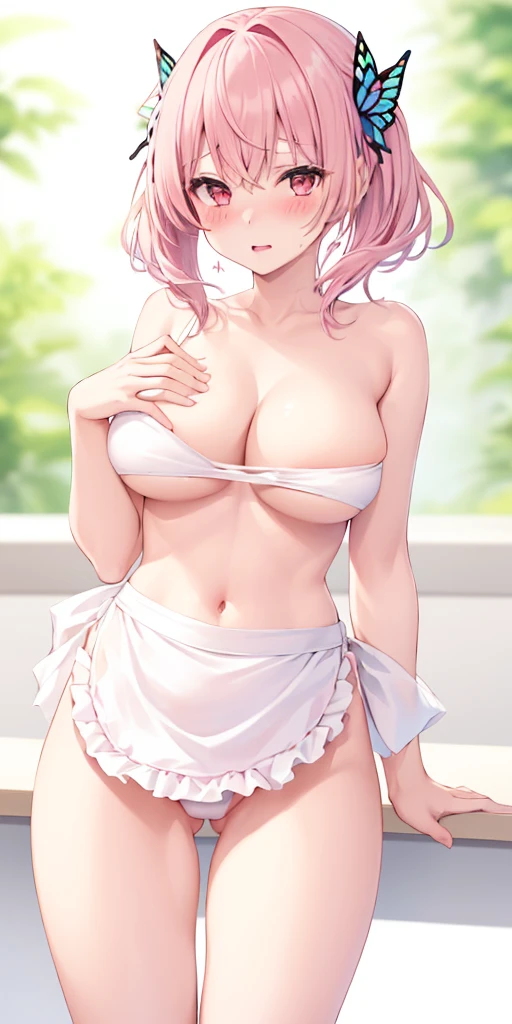 1girl in, solo, Pink hair, butterfly hair ornament, (barechested:1.3), (White apron),, cleavage of the breast, thighs thighs thighs thighs, Cafe background, (red blush:1.3), opening legs, half naked, 