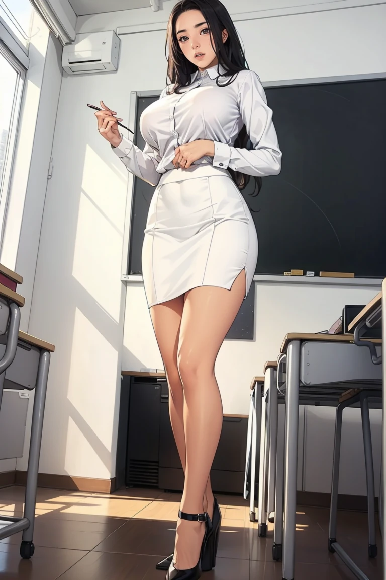 1 female, teacher, straight black very long hair, thick eyebrows, large breast, wearing long sleeve white shirt and black pencil skirt, black heels, front view, view from below, fullbody shot, inside empty classroom, blushing, embarrased, eyes half open, standing, open mouth wide, 