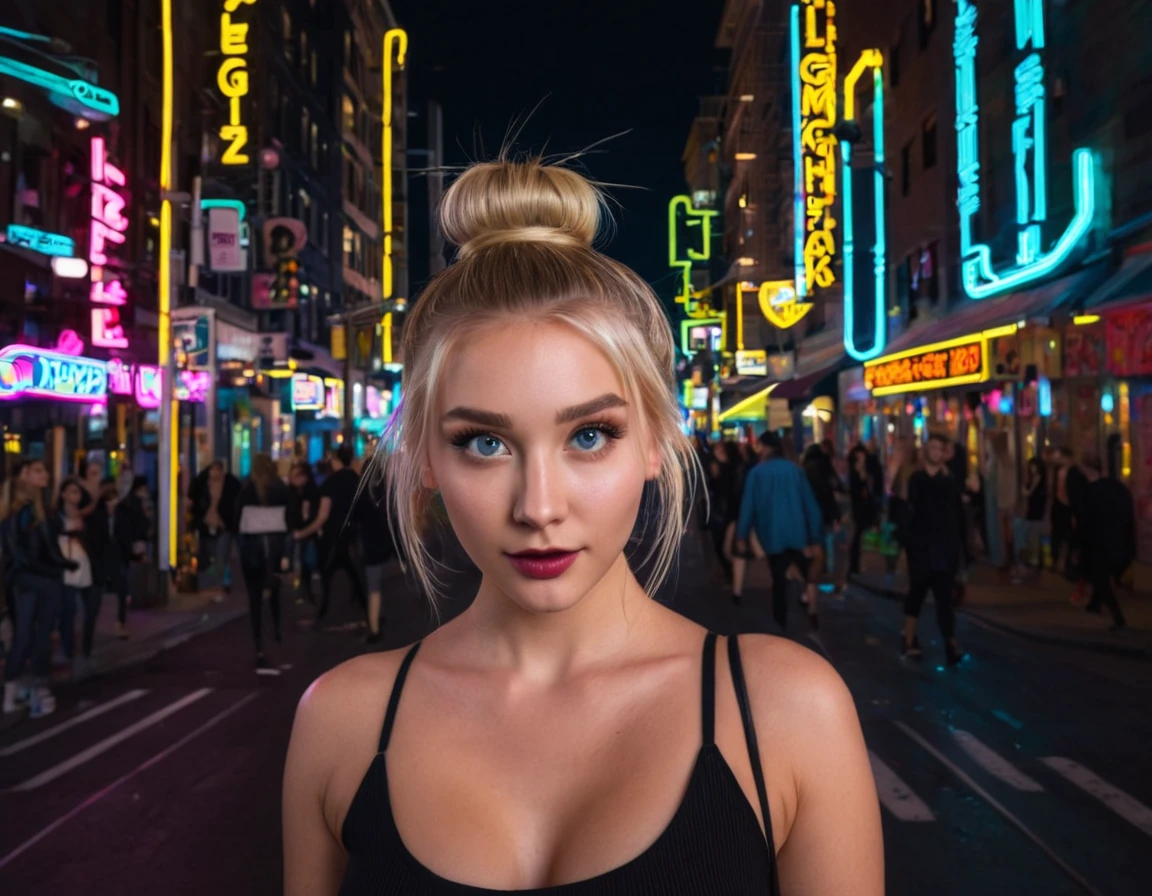 an eye contact of a blond with bun hair and dark theme , cute and sweet poses ,Imagine a vibrant downtown at night, with crowded sidewalks, neon signs, and the energy of people and traffic moving through a maze of illuminated buildings, background no blur