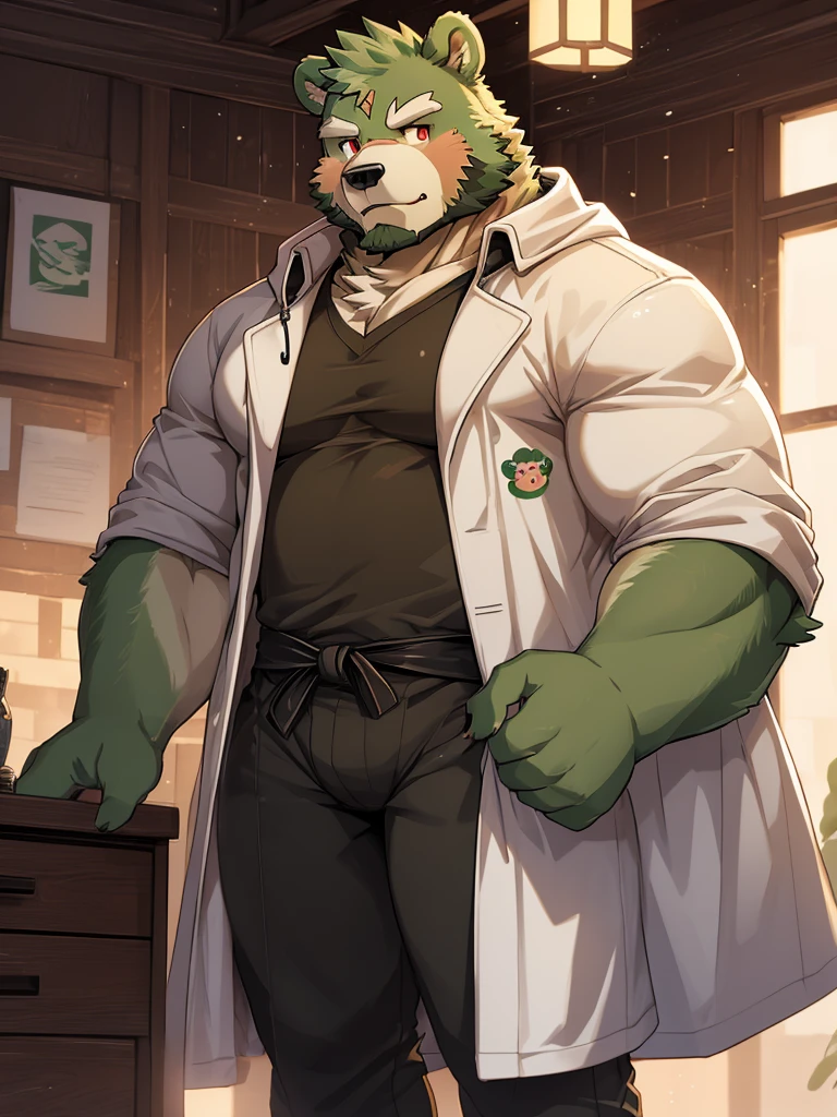 masterpiece, high quality, anime, detailed eyes, male jinpei, anthro, bear, Great physique, strong arms manly, Casual suit, (((green bear))), (((green fur))), green hair, beard, white eyebrows, bald, detailed red eyes, tall, Joyful, (black t-shirt inside), (((white unhooded trench coat ))), by zixiong, by suv, Cute stickers Very detailed, clean, high quality, sharp image, (((stickers)))