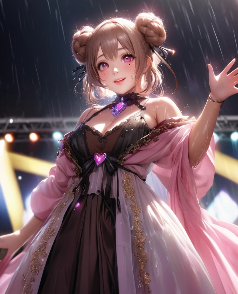One Girl、Looking at the audience、lovely,
Beautiful pink eyes、Two brown double hair buns , Mole under the eye、Plump and glossy lips、Heart-shaped choca、Idol、Her name is May,smile、ー、。.。.。.。.。.。.。.。.。.。.。.。.。.。.。.。.。.。.3D、Realistic、
The idol's costume was soaked in the heavy rain, and her chest was wet and transparent.Heavy rain at outdoor concert, Drape clothes、gem、The decoration has been removed、Floral、Lace trim,On a glittering stage、
masterpiece、highest quality、8k、Detailed skin texture、Detailed cloth texture、Beautifully detailed face、Intricate details、Very detailed、
超A high resolution、8k Ultra HD、Film Grain、Best Shadow、delicate、Gazing at the audience、front