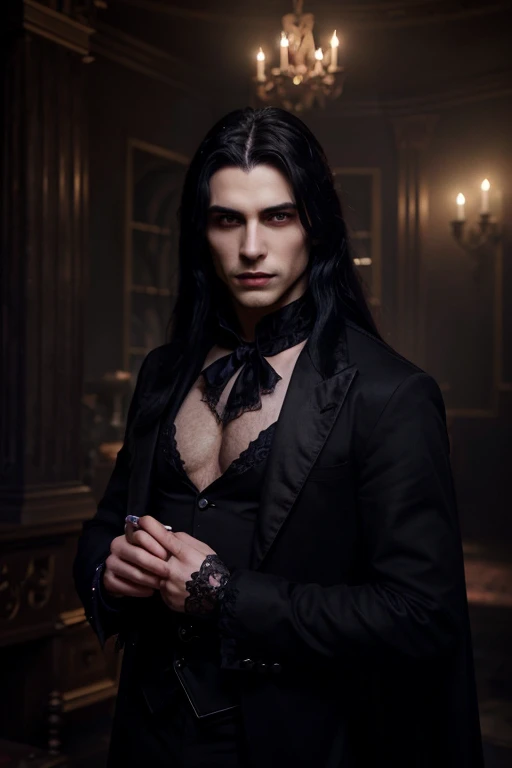 Lovely young handsome hetero Man Jinx Edward vampire with super big indigo eyes and gems and long black hair, with nice and delicate face, in a dark gothic magic castle with annie and claudia and Lestat, in Red Rose manor. Terror ambient. The more handsome man in the world. Night storm. Gothic scene. Cats eyes.