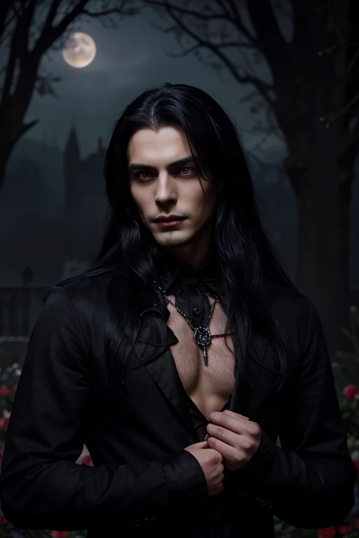 Lovely young handsome hetero Man Jinx Edward vampire with super big indigo eyes and gems and long black hair, with nice and delicate face, in a dark gothic magic castle with annie and claudia and Lestat, in Red Rose manor. Terror ambient. The more handsome man in the world. Night storm. Gothic scene. Cats eyes.