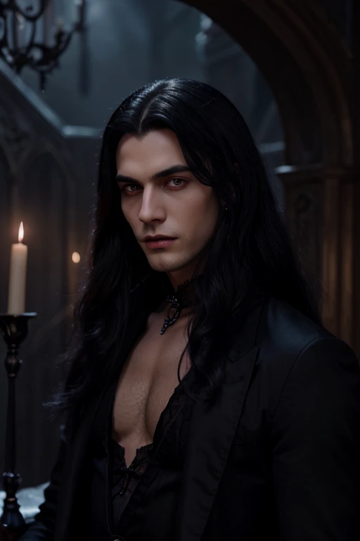 Lovely young handsome hetero Man Jinx Edward vampire with super big indigo eyes and gems and long black hair, with nice and delicate face, in a dark gothic magic castle with annie and claudia and Lestat, in Red Rose manor. Terror ambient. The more handsome man in the world. Night storm. Gothic scene. Cats eyes.