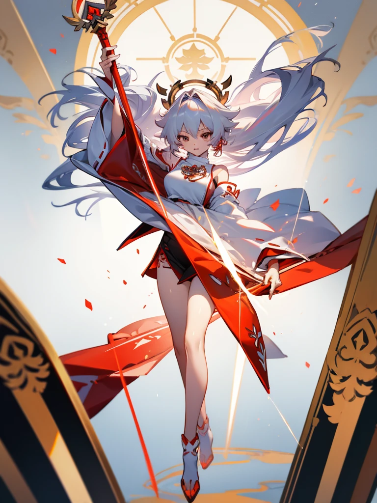 Miko,large breast , white hair, Long hair,full body, miko scepter