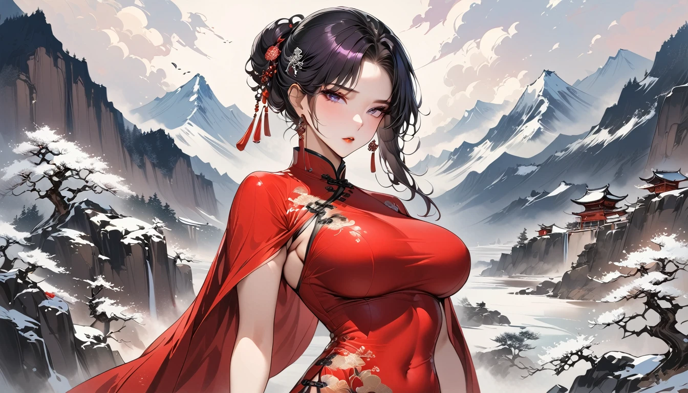 (Masterpiece, Best Quality: 1.3), 1girl, individual,(Conservatively Dressed: 1.8),Red cheongsam, red qipao, (: 1.4), Dark Purple Hair, Hair in a bun, Cold Eyes, Purple Eyes, Hairpin, Gorgeous Accessories, Fluttering Cloak, Medium Shot, very aesthetic, national painting, Medium shot, Clothing ink painting style, high detail, Masterpiece, super detail, best quality