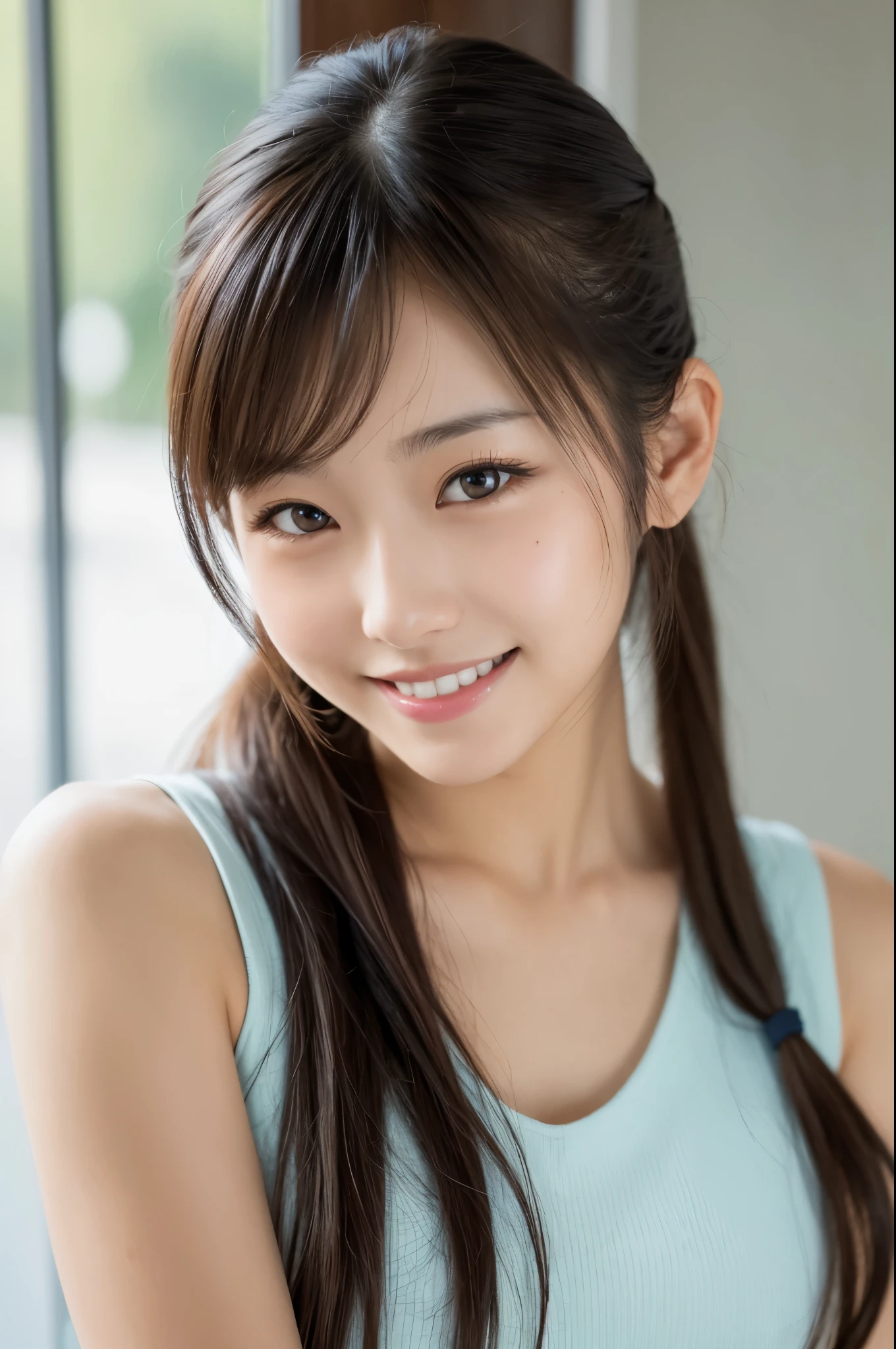 Sleeveless, ponytail, Japanese Girls, 8k, Legal Photography, Highest quality, masterpiece, Realistic, Photorealistic and highly detailed, One Girl, cute, The best smile, Beautiful Eyes, Long Hair, Perfect Face,