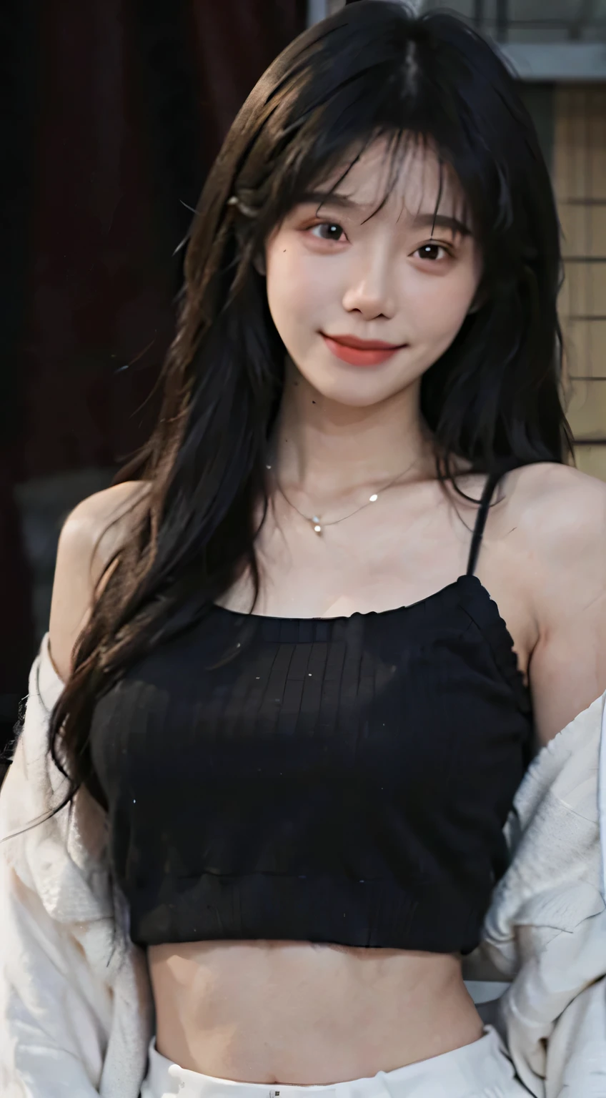Best quality, Ultra-high resolution, (Realistically:1.4),Cute hairpin,1 Girl,Red long hair,Cropped black sweater ,Beautiful slim woman:1.4, Visible abdominal muscles:1.4, on the island,Ultra-thin face,Exquisite eyes,Double eyelids,Necklace,Smile