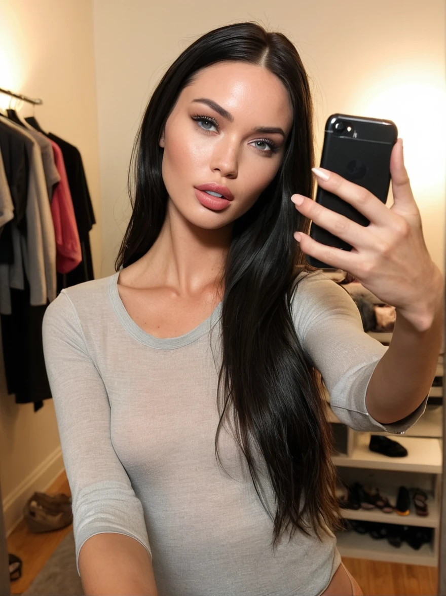 a realistic instagram selfie photo of a [ really beautiful exotic androgynous supermodel 19 year old woman] , with [long, dark hair ] , looks like [Megan FOX] and [Adriana Lima], light makeup, looking [ nomakeup innocent, cute, flushed] , dressing room [light] skin --ar 9:16 --stylize 750 --v 6