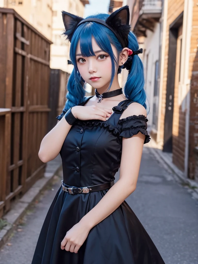 Masterpiece, best quality, ai-generated, cat girl
, Blue hair,cowboy shot,black dress, twin tail, 