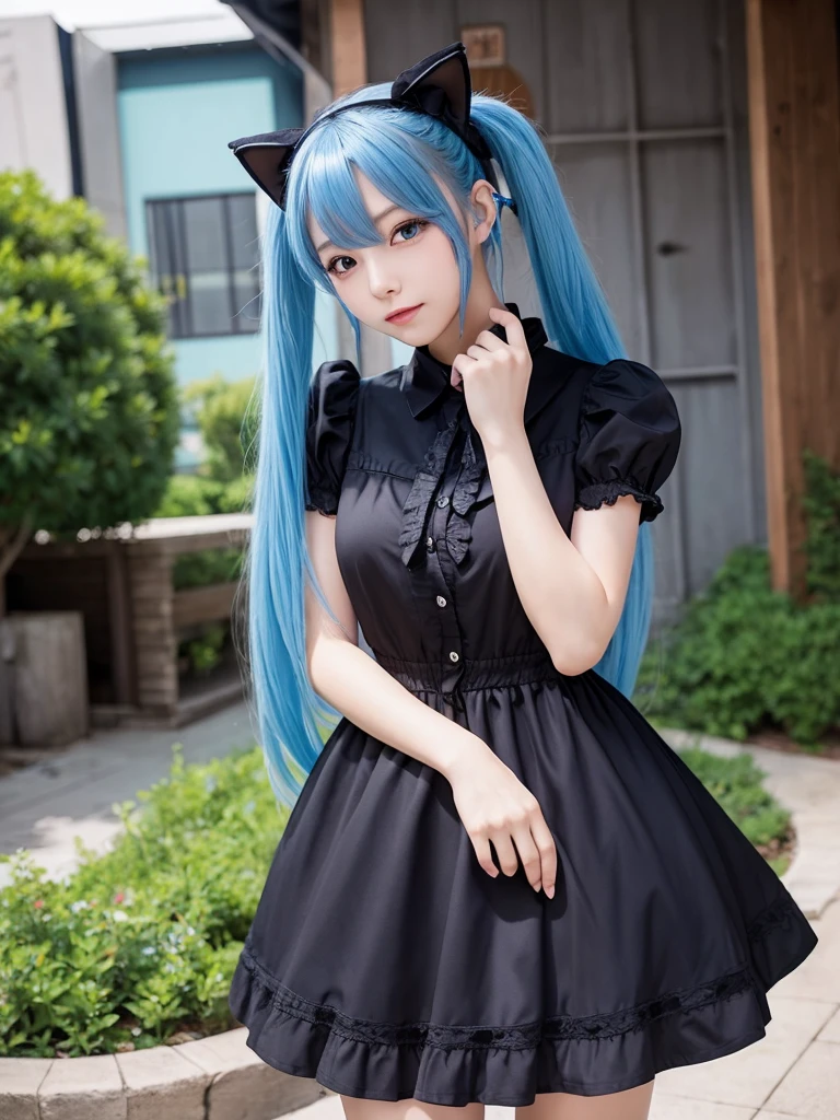 Masterpiece, best quality, ai-generated, cat girl
, Blue hair,cowboy shot,black dress, twin tail,
