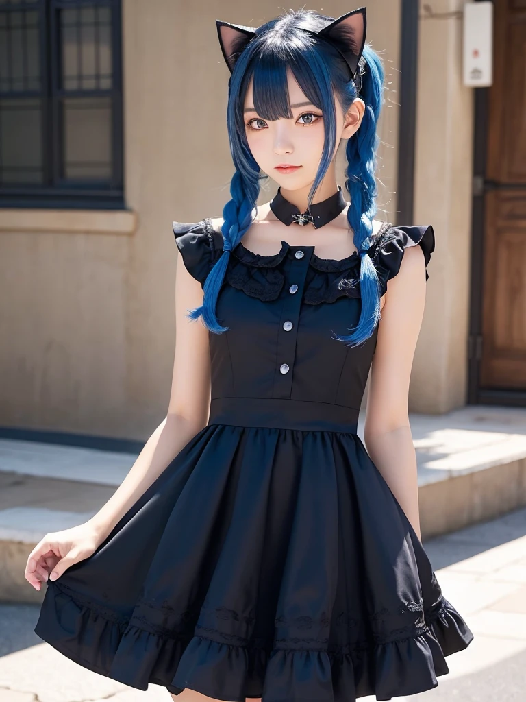 Masterpiece, best quality, ai-generated, cat girl
, Blue hair,cowboy shot,black dress, twin tail,