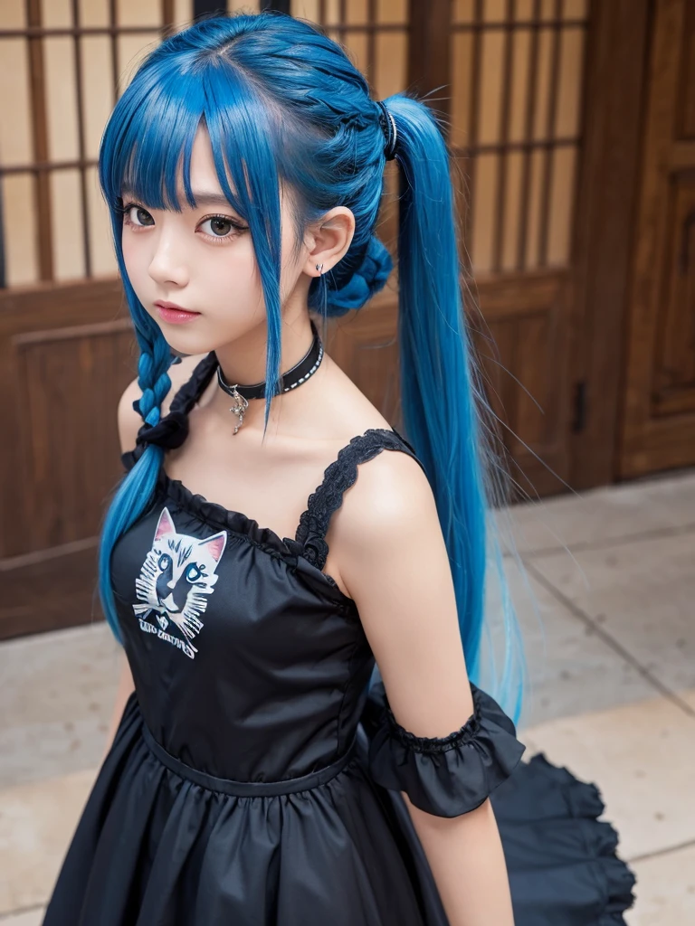 Masterpiece, best quality, ai-generated, cat girl
, Blue hair,cowboy shot,black dress, twin tail, 
