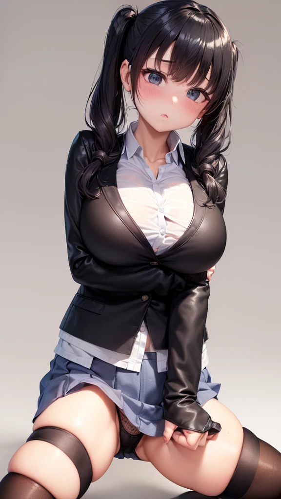 (8k, Highest quality, masterpiece:1.2),\(Narrow eyes),(\(Garment Details\)\),Cowboy Shot,(Huge breasts) ,Very detailedなCG Unity 8k 巨大なファイルサイズ,Very detailed,High resolution,Absurd,Beautiful Eyes,Ray Tracing,Dramatic Shadows,finely,Hyper Detail,(1 girl:1.3),(alone)、(Black Hair),((Long twin tails))、((School uniform、Black Leather Blazer))、((mini skirt))、blush、Sweat、Thick thighs、hot、((Haa))、((Simple Background))、Wide Hips、sexy、Glamorous Body、((A little plump body))、With pride、(Look forward)、((Haa、Sigh))、((Stand up straight))、((((Face forward and spread your legs wide))))、(((Squat))),((Cowboy Shot))、とてもSweat、((Knee-high socks))、(((Keep your hands behind your head)))、Cute polka dot panties、((A slightly lower view))