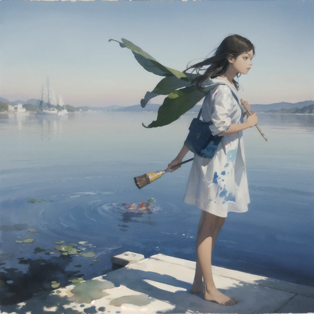 alone in the universe, Paint in watercolor style, Photorealism, discreet golden and ruby and mint shades, (nude) a gentle, modest thin girl of 14 years old with a very beautiful, exquisite face of the southern type with tender nipples walks barefoot in the distance (around the southern town) early morning (along the houses)