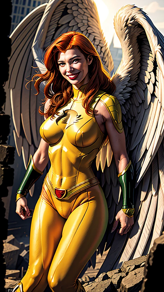 SHAYERA, HAWKGIRL (( DC COMICS )) , FLYING OVER A BURNING CITY, CITY IS IN RUBBLEDAYLIGHTS, SUN, BUILDINGS, GREEN YELLOW BODYSUIT, WHITE WINGS, WINGED WOMAN, MASTER PIECE OF ART, HIGH DETAILED IMAGE (CUTE SMILE PHOTO REALISTIC).