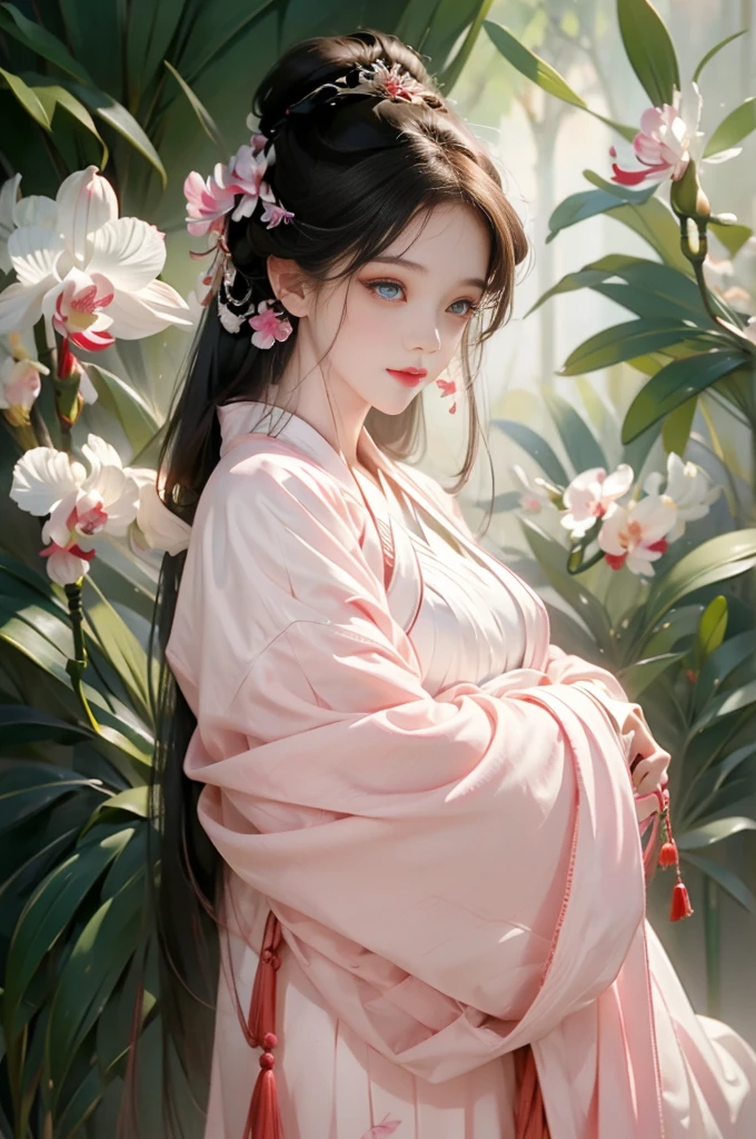 girl,Surrounded by orchids,spring,Clear face,Look at the lens,Chinese style,Traditional Culture,Orchid Personification,Anthropomorphic style