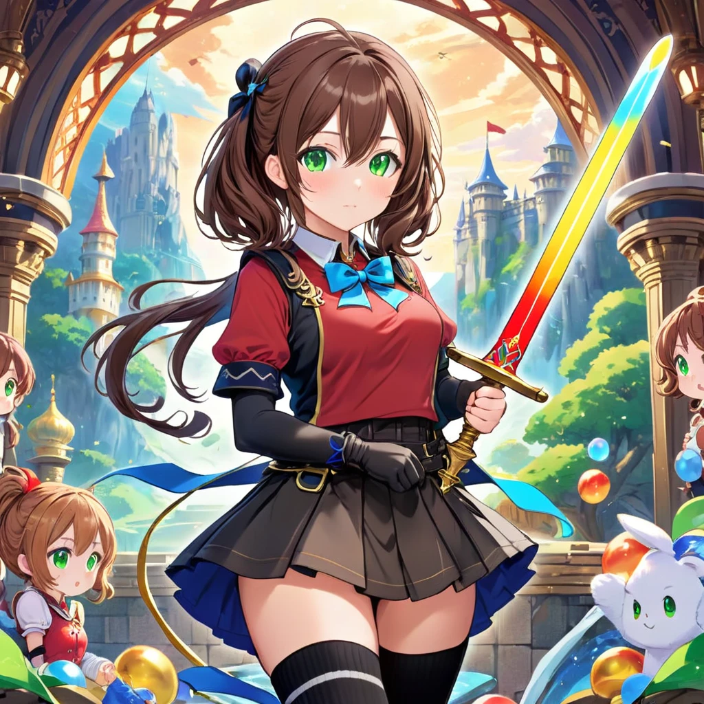 (((Stickerss))),(((Stickers))),One girl, With sword, Anime Style,Dreamland Wonderland、Fantastic,masterpiece,Kilo,Colorful,Detailed explanation,Seven Colors,(Highest quality,masterpiece, Complex,Hyper Detail,8K Ultra HD,Ultra-high resolution,Very detailed),(Short brown hair:1.2), (Green Eyes:1.3),(Ready-to-wear skirts),(Brown vest),(Red Shirt),(Blue ribbon),(Black thigh-high socks:1.3),Erika Aoi,