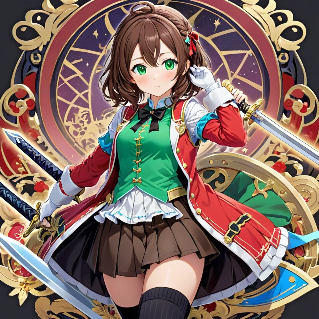 (((Stickerss))),(((Stickers))),One girl, With sword, Anime Style,Dreamland Wonderland、Fantastic,masterpiece,Kilo,Colorful,Detailed explanation,Seven Colors,(Highest quality,masterpiece, Complex,Hyper Detail,8K Ultra HD,Ultra-high resolution,Very detailed),(Short brown hair:1.2), (Green Eyes:1.3),(Ready-to-wear skirts),(Brown vest),(Red Shirt),(Blue ribbon),(Black thigh-high socks:1.3),Erika Aoi,
