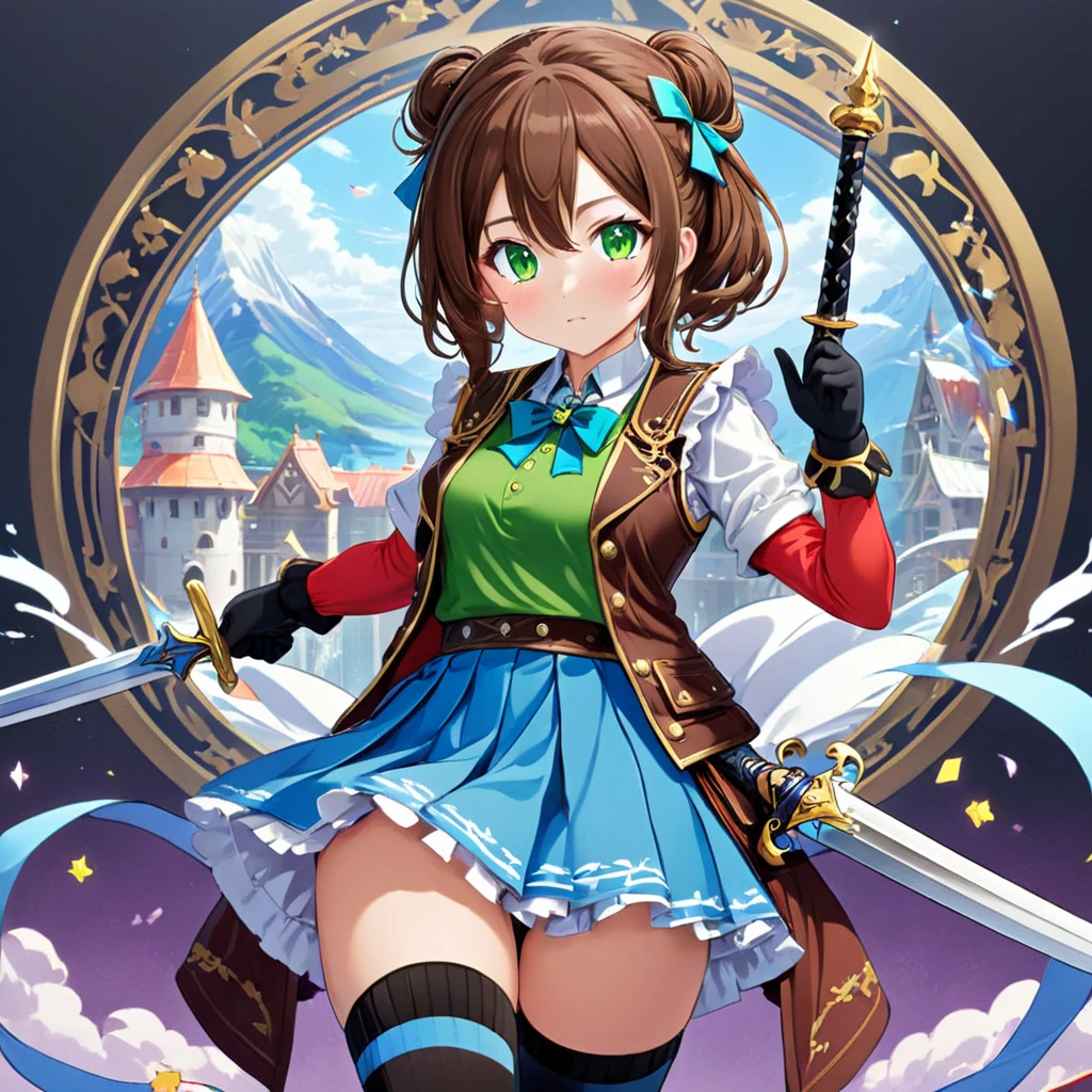 (((Stickerss)))，(((Stickers)))，One girl, With sword, Anime Style，Dreamland Wonderland、Fantastic，masterpiece，Kilo，Colorful，Detailed explanation，Seven Colors,(Highest quality,masterpiece, Complex,Hyper Detail,8K Ultra HD,Ultra-high resolution，Very detailed),(Short brown hair:1.2),  (Green Eyes:1.3),(Ready-to-wear skirts),(Brown vest),(Red Shirt),(Blue ribbon),(Black thigh-high socks:1.3),Erika Aoi,