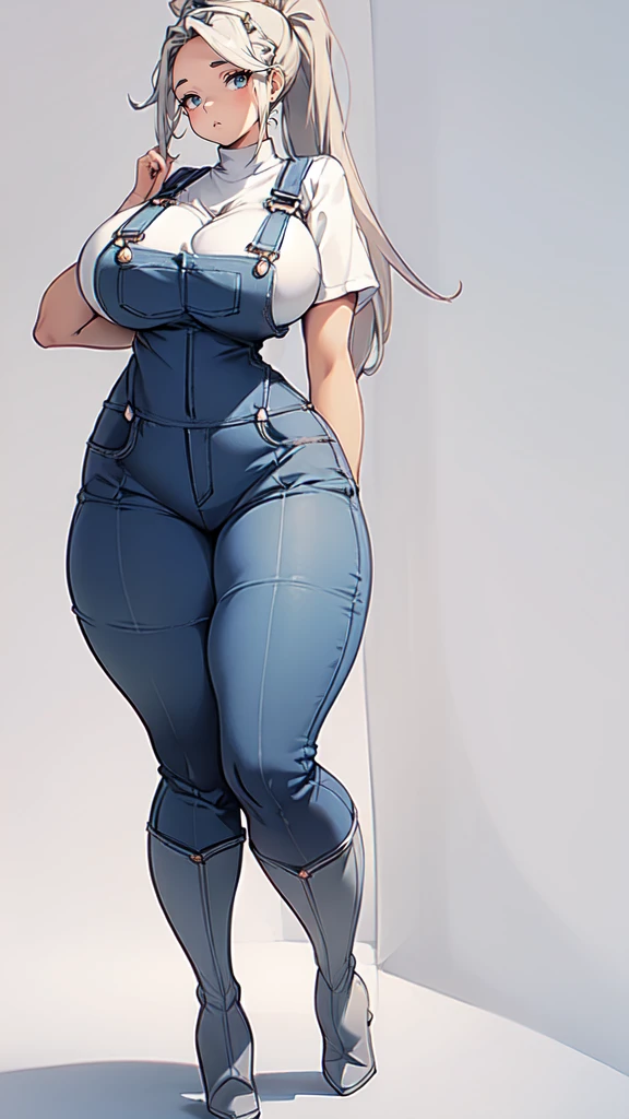 ((blank background)), masterpiece, best quality, silver hair, (curvy:1.8), (massive breast:1.5), ((full body framing)), (long legs:1.6), symmetry, farmer woman, (blue overalls), long boots, belt below navel, lumberjack shirt, ponytail