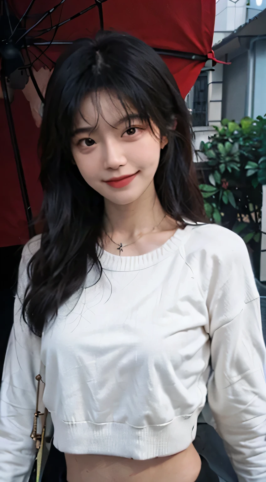 Best quality, Ultra-high resolution, (Realistically:1.4),Cute hairpin,1 Girl,Red long hair,Cropped black sweater ,Beautiful slim woman:1.4, Visible abdominal muscles:1.4, on the island,Ultra-thin face,Exquisite eyes,Double eyelids,Necklace,Smile,Sexy