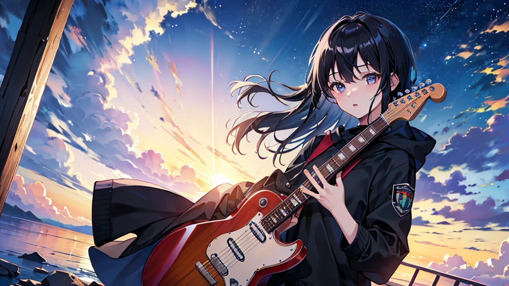 ((Highest quality、8k、masterpiece:1.3))、Night Sky、One Woman、Black Hair、Playing guitar