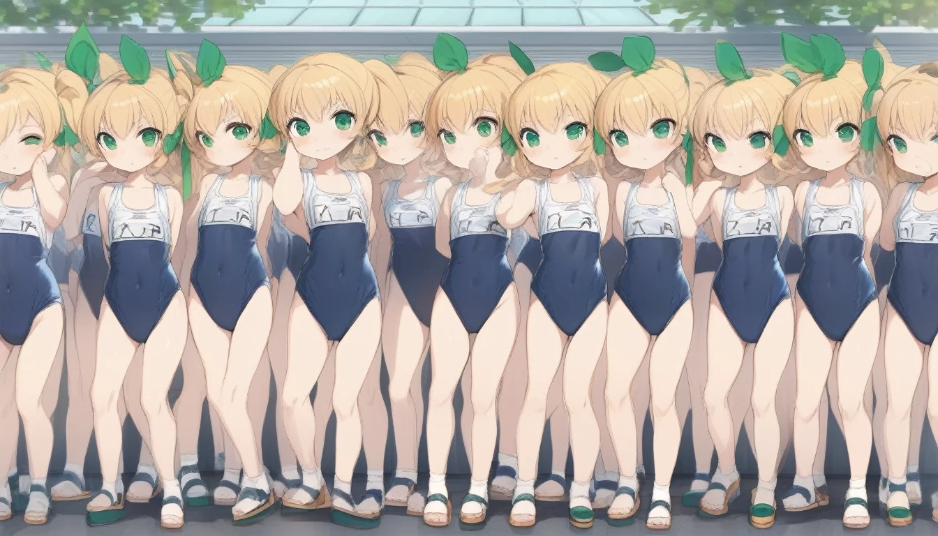 Short stature,flat chest, clone girls, blond hair, green eyes,roll(mega man classic),swimsuit roll(mega man x dive old design),high ponytail hair,Sleeveless navy one piece old type school swimsuit with white stripes from armpit to flank,white name tag, navy heeled sandals, green ribbon,human appearance,same height,same appearance, same face,fill the entire image, absolutely everyone, many clone, masterpiece, best quality,insanely detailed, 20000+ clone girls, perfect features,multiple clone girls,same school swimsuit,same hair,official art