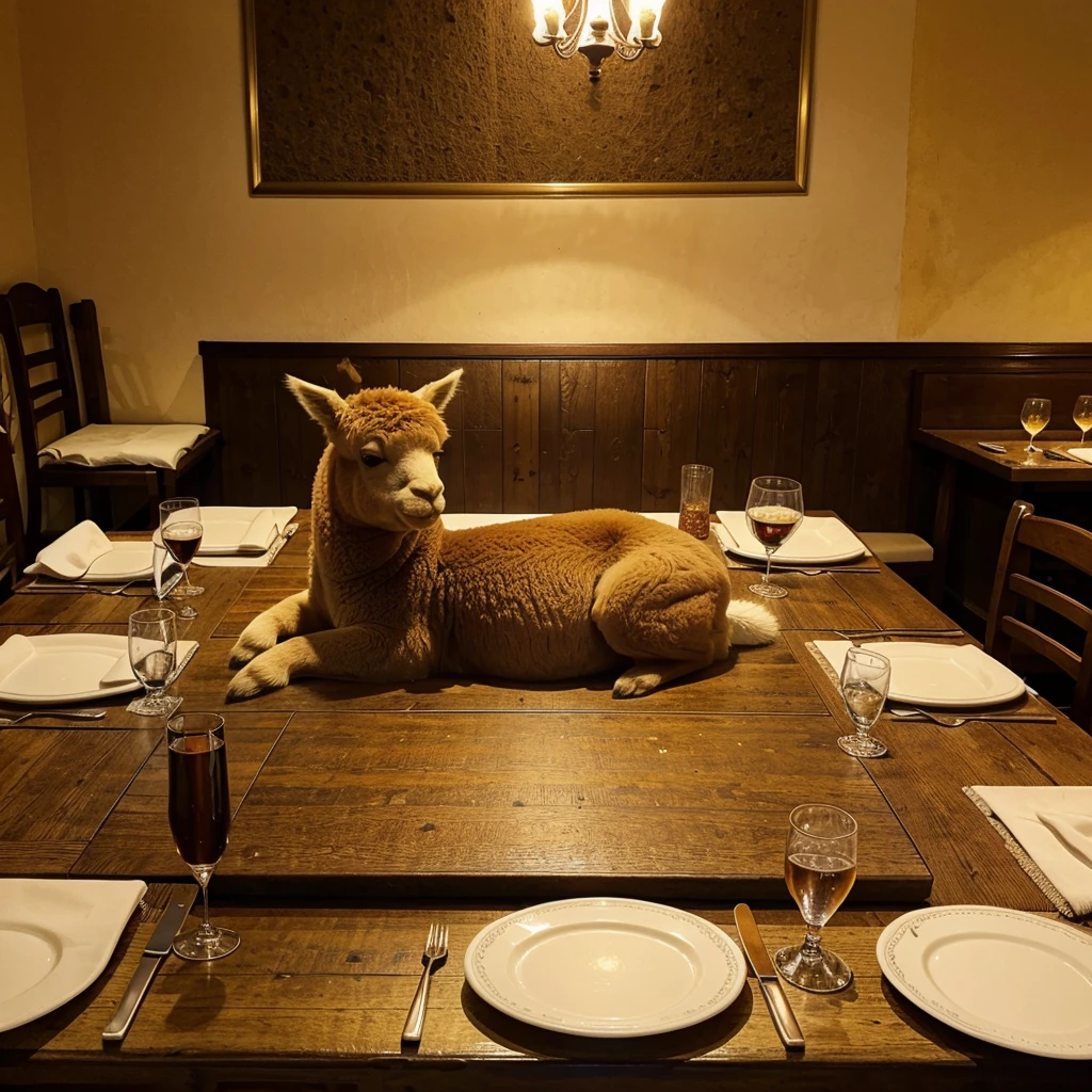 An alpaca eating at a Spanish restaurant in Saitama Prefecture。On the table is the main course of paella and a glass of water.、Cutlery is laid out。