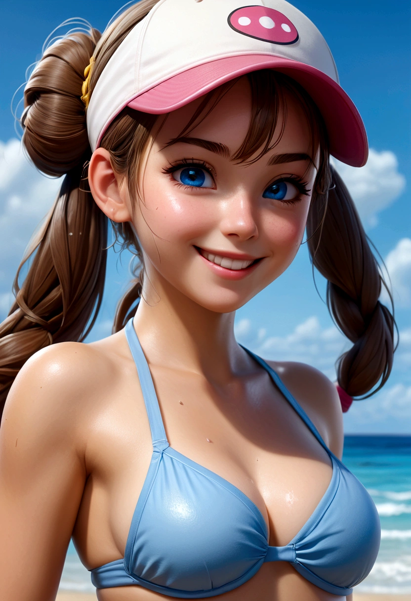 twintails, smile, perfect eyes:1.2, wet, skindentation, wet skin, sweat, glossy skin, detailed eyes:1.4, ro1, beach, long hair:1.2, hair bun, visor cap, naked, blue eyes, cowboy shot, 1girl, solo, (masterpiece:1.6, best quality), 8k, insane details, intricate details, hyperdetailed, hyper quality, high detail, ultra detailed, professional, HDR, ray tracing reflection, cinematic lighting, bikini panties, full body