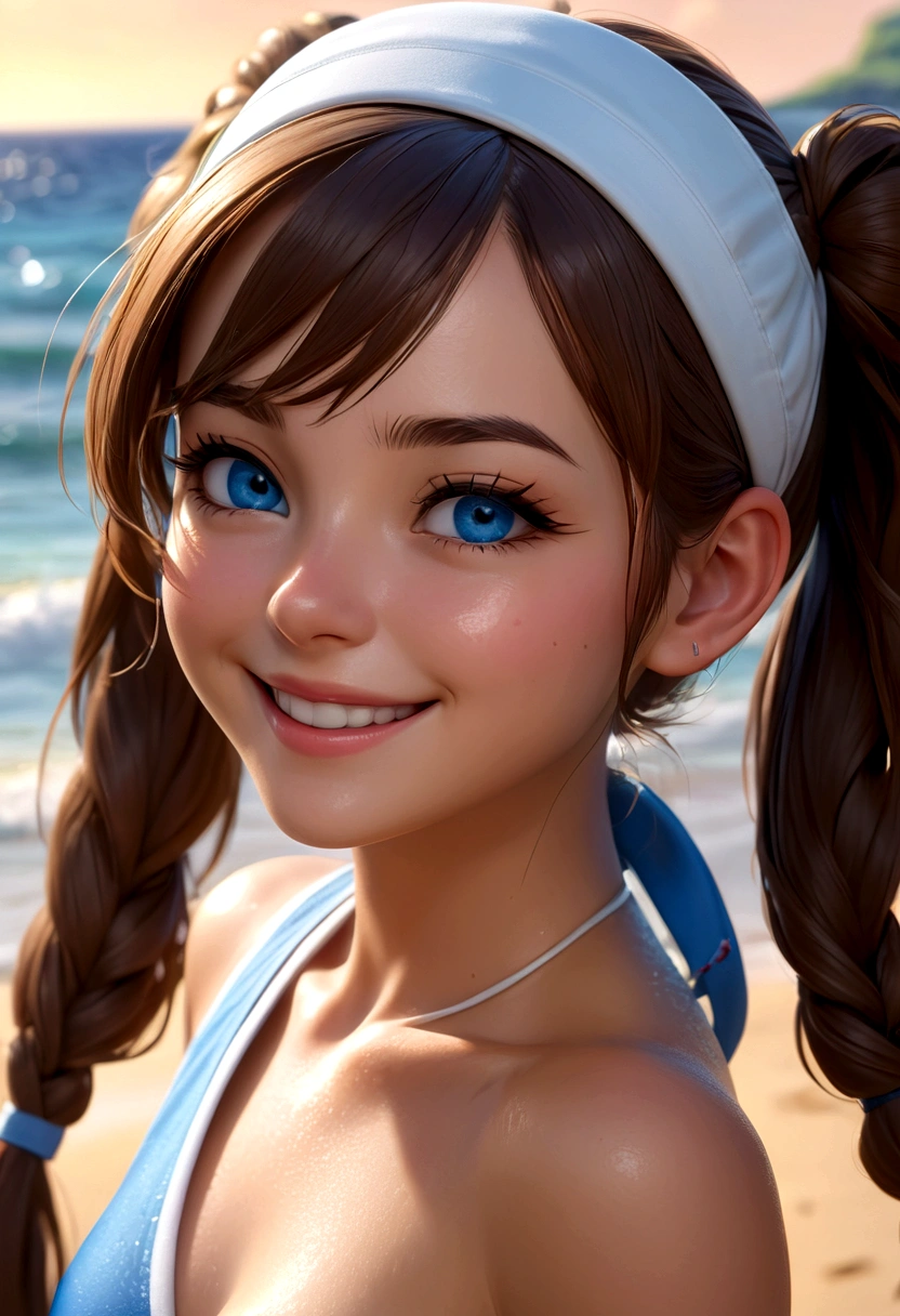 twintails, smile, perfect eyes:1.2, wet, skindentation, wet skin, sweat, glossy skin, detailed eyes:1.4, ro1, beach, long hair:1.2, hair bun, visor cap, naked, blue eyes, cowboy shot, 1girl, solo, (masterpiece:1.6, best quality), 8k, insane details, intricate details, hyperdetailed, hyper quality, high detail, ultra detailed, professional, HDR, ray tracing reflection, cinematic lighting, bikini panties, full body