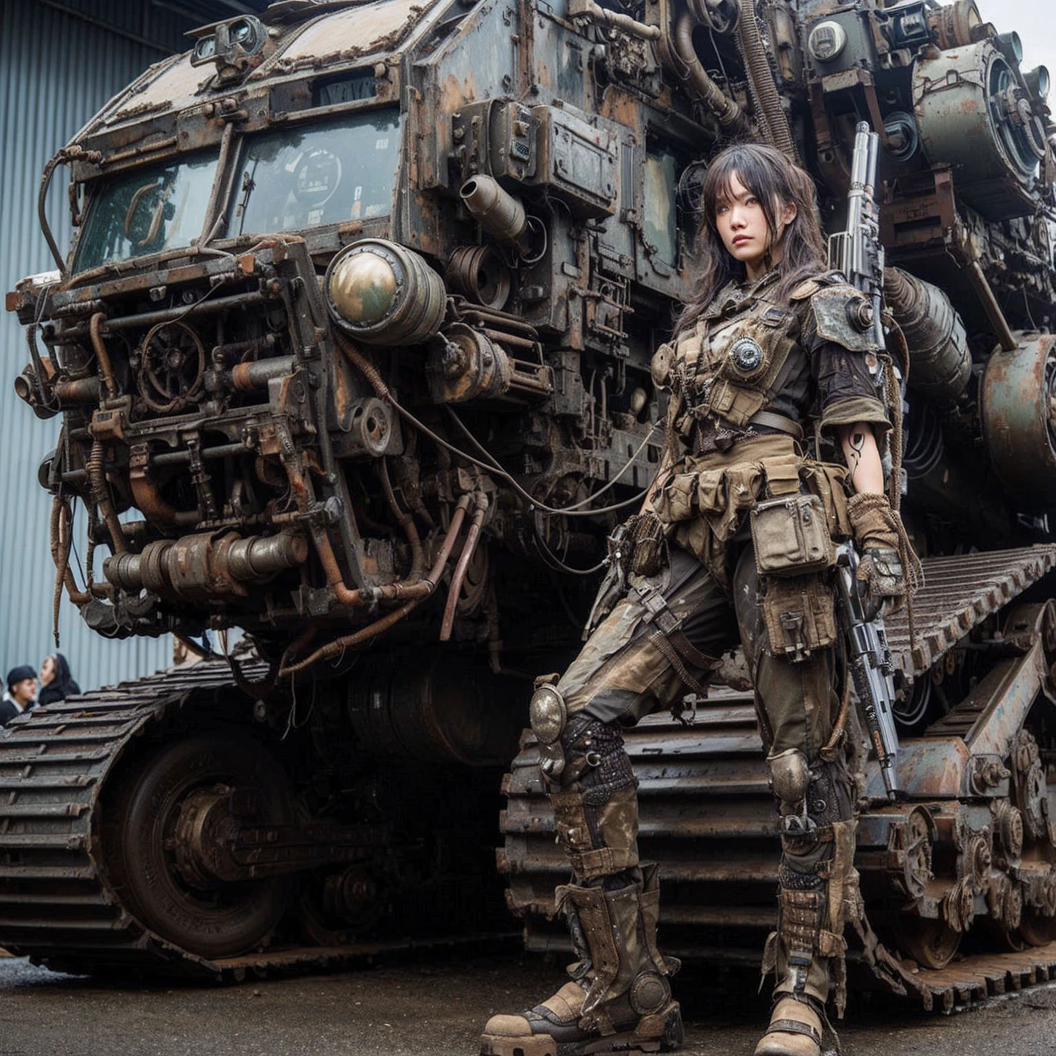 (masterpiece, best quality:1.2), (8k uhd, 16k, 32k, ultra high res), Steampunk, fictional WWII former Japanese Imperial Army armored car and cyborg Japanese female soldier, beautiful face, torn pants, dirty clothes, very intricate details, olive drab paint, peeling paint, weathering, fortress attack, realistic photo, taken with Fuji film X-T30+Nokton. HDR10